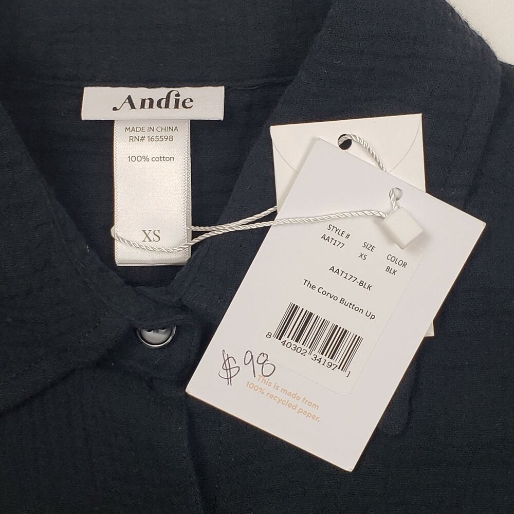 Andie Swim The Corvo Button-Up Women's XS Black Cotton Gauze Beach & Resort Wear - Picture 3 of 16